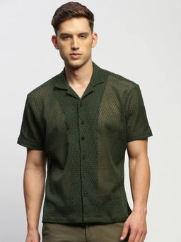 SHOWOFFFF - Mens Short Sleeves Self Design Olive Slim Fit Comfort Shirt