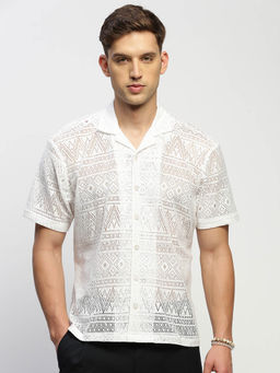 SHOWOFFFF - Mens Short Sleeves Self Design White Slim Fit Comfort Shirt