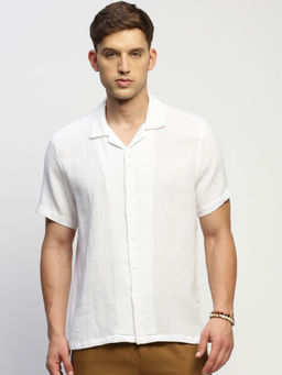 SHOWOFFFF - Mens Short Sleeves Self Design White Slim Fit Comfort Shirt