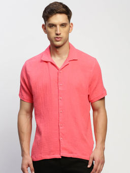 SHOWOFFFF - Mens Short Sleeves Self Design Pink Slim Fit Comfort Shirt