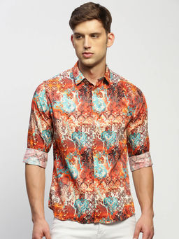 SHOWOFF - Mens Long Sleeves Printed Orange Slim Fit Standard Shirt