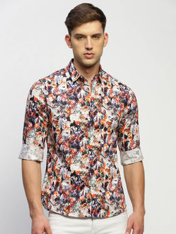 SHOWOFFFF - Mens Long Sleeves Printed White Slim Fit Standard Shirt