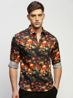 SHOWOFF - Mens Long Sleeves Printed Black Slim Fit Standard Shirt