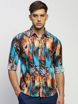 SHOWOFF - Mens Long Sleeves Printed Blue Slim Fit Standard Shirt