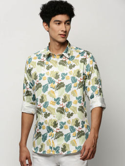 SHOWOFF - Mens Long Sleeves Printed Green Slim Fit Smart Shirt