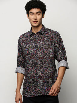 SHOWOFF - Mens Long Sleeves Printed Black Slim Fit Smart Shirt