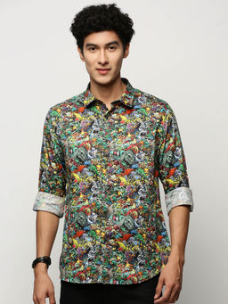 SHOWOFF - Mens Long Sleeves Printed Black Slim Fit Smart Shirt