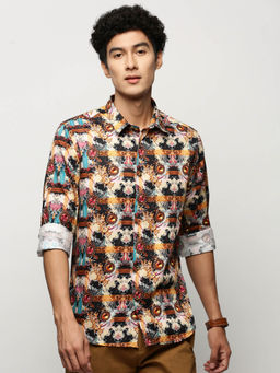 SHOWOFF - Mens Long Sleeves Printed Black Slim Fit Smart Shirt