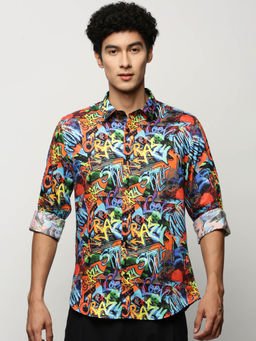SHOWOFF - Mens Long Sleeves Printed Multi-Color Slim Fit Smart Shirt