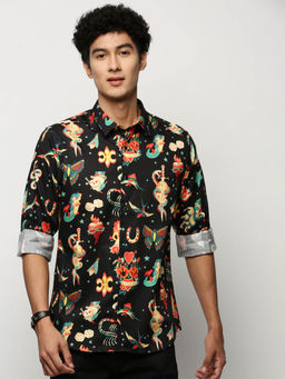 SHOWOFF - Mens Long Sleeves Printed Black Slim Fit Smart Shirt