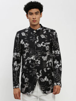 SHOWOFF - Mens Mandarin Collar Black Bandhgala Slim Fit Blazer