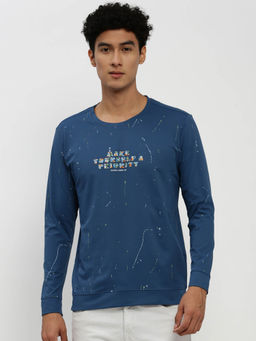 SHOWOFFFF - Mens Round Neck Typography Long Sleeves Blue Pullover