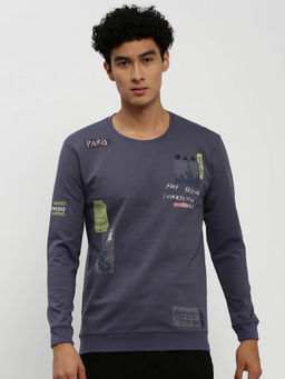 SHOWOFFFF - Mens Round Neck Typography Long Sleeves Navy Blue Pullover