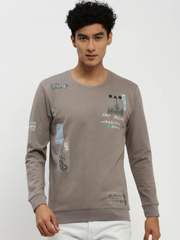 SHOWOFFFF - Mens Round Neck Typography Long Sleeves Taupe Pullover