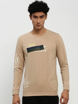 SHOWOFFFF - Mens Round Neck Typography Long Sleeves Beige Pullover