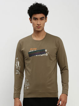 SHOWOFFFF - Mens Round Neck Typography Long Sleeves Olive Pullover