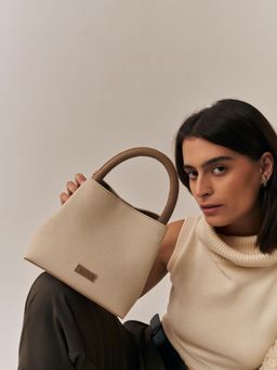 ZAMANA - Women Textured Noore Handbag With Detachable Strap - Cream