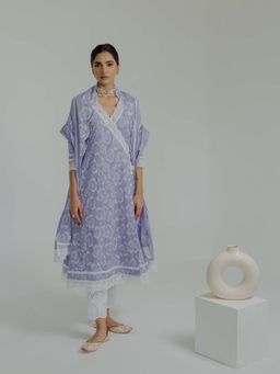 Old Marigold - Naaz Lavender Cotton Floral Angarkha Kurta With Pant And Dupatta (Set of 3)