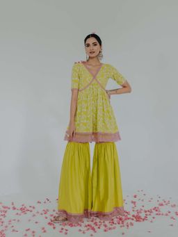 Old Marigold - Shireen Yellow Cotton Floral Kurta With Sharara (Set of 2)