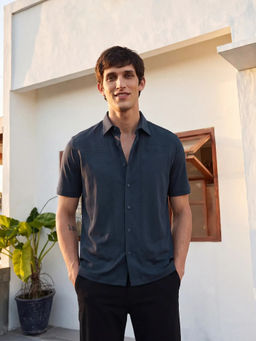 Rare Rabbit - Men's Jupi Navy Cotton Fabric Spread Collar Embroidered Shirt - Navy Blue