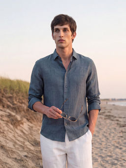 Rare Rabbit - Men Blue Linen Collar Neck Shirt