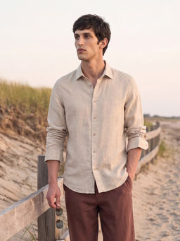 Rare Rabbit - Men Beige Linen Collar Neck Shirt