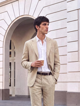 Rare Rabbit - Beige Linen Solid Party Blazer
