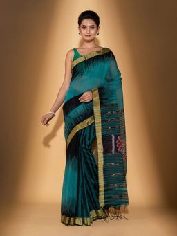 Beatitude - Green Blended Cotton Woven Saree with Unstitched Blouse