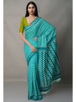 Unnati Silks - Turquoise Pure Block Printed Cotton Saree with Unstitched Blouse