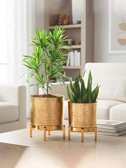 Kuber Industries - Set Hammered Metal Planter with Stand (Plants Not Included) Golden (Pack Of 2)