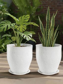 Kuber Industries - Round Rotomould 9 Inch Flower Pot with Tray White (Pack of 2)
