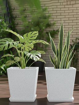 Kuber Industries - Rotomould Square Flower Pot 12 Inch with Tray Bent Block - White (Pack of 2)