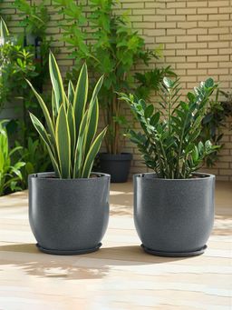 Kuber Industries - Rotomould Round 12 Inch Flower Planter with Tray & Drainage Cup - Grey (Pack of 2)