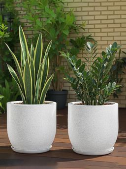Kuber Industries - Rotomould Round 12 Inch Flower Planter with Tray & Drainage Cup - White (Pack of 2)