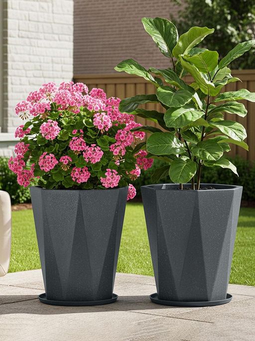 Kuber Industries Rotomould 18 Inch Big Flower Pot with Tray & Drain Hole Diamond - Grey (Pack of 2)