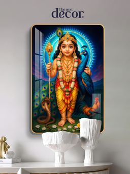 The Next Decor - Lord Murugan With Peacock Wood Glass Finish Wall Art