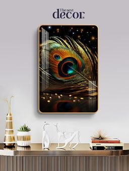 The Next Decor - Peacock Feather With Golden HighlightingLines Wood Glass Finish Wall Art