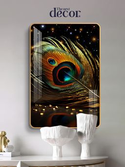 The Next Decor - Peacock Feather With Golden HighlightingLines Wood Glass Finish Wall Art