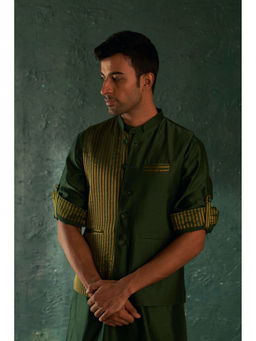 Charkhee - Midas Deep Green Tissue Stripe Nehru Jacket