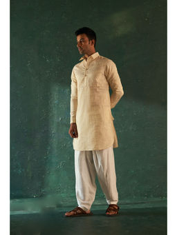 Charkhee - Midas Ivory Tissue Stripe Pathani Kurta With Salwar (Set of 2)