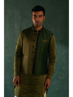 Charkhee - Mens Deep Green Stripe Pathani Kurta With Salwar And Jacket (Set of 3)