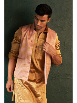 Charkhee - Mens Gold Tissue Pathani Kurta With Salwar And Jacket (Set of 3)