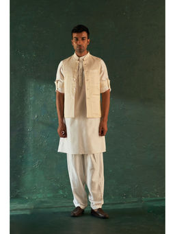 Charkhee - Mens White Straight Kurta With Salwar And Jacket (Set of 3)