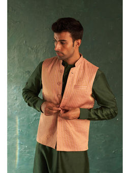 Charkhee - Mens Deep Green Straight Kurta With Pyjama And Jacket (Set of 3)