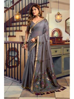 Mysilklove - French Grey Cotton Silk Saree with Unstitched Blouse