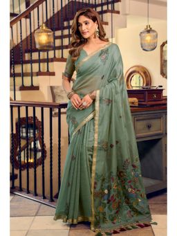 Mysilklove - Asparagus Green Cotton Silk Saree with Unstitched Blouse