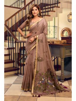 Mysilklove - Ginger Brown Cotton Silk Saree with Unstitched Blouse