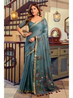 Mysilklove - Neera Blue Cotton Silk Saree with Unstitched Blouse