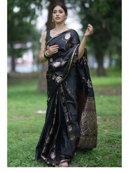 Mysilklove - Ink Black Handloom Satin Silk Saree with Unstitched Blouse