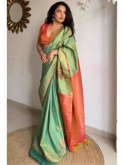 Mysilklove - Parrot Green Banarasi Handloom Saree with Unstitched Blouse
